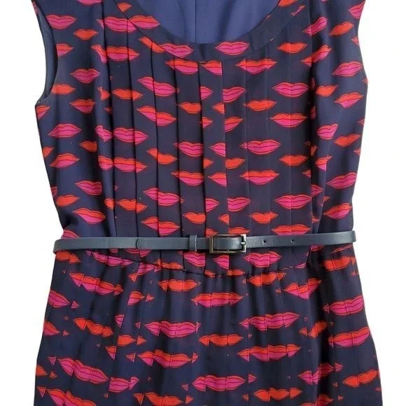 Halogen Sleeveless Pleated Dress Lined Belted Lips Print Women Size 0P - Picture 2 of 12
